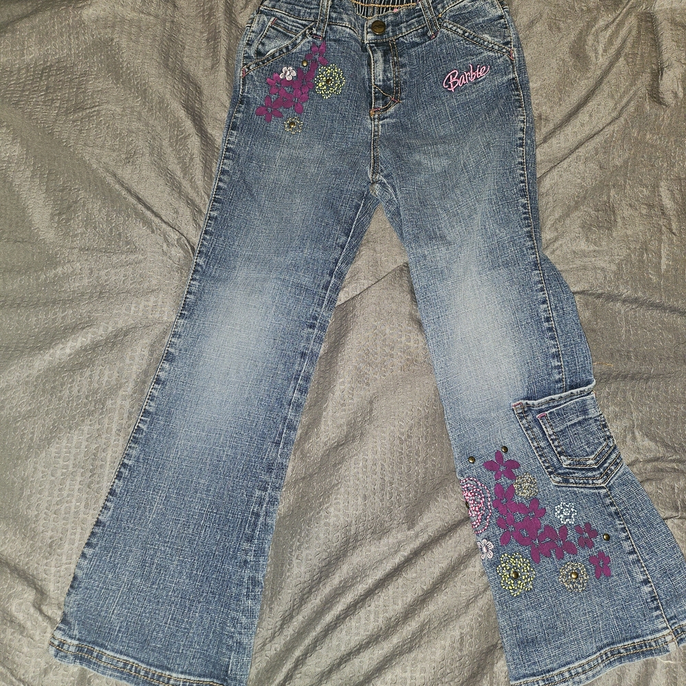 Barbie Blue Denim Wide Leg Jeans with Pink Floral Embroidery